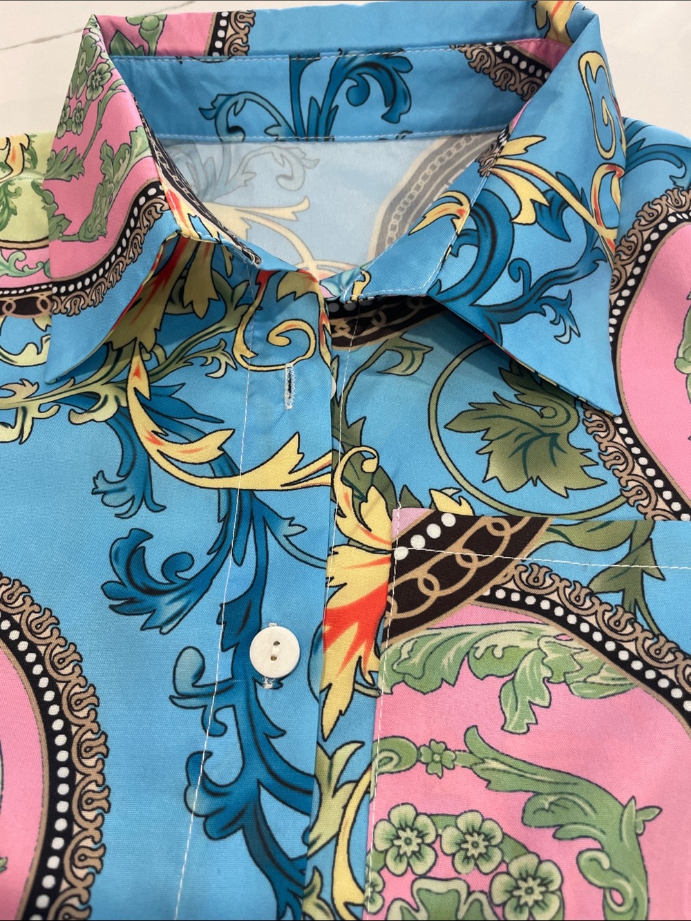 Ladies Blue Printed Long-Sleeve Shirt - Picture 5 of 8
